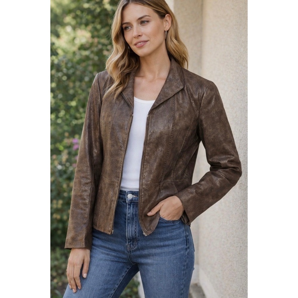 Coldwater Creek Womens Large Metallic Bronze Leather Jacket Zip Front Brown Y2K